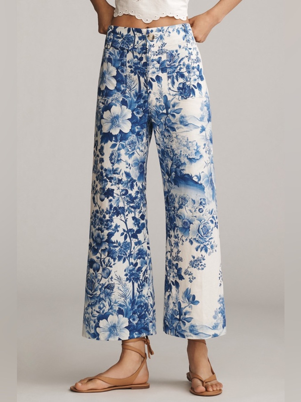 Maeve Anthropologie Colette Linen Blend Wide Leg Pants 33P Blue Floral $148